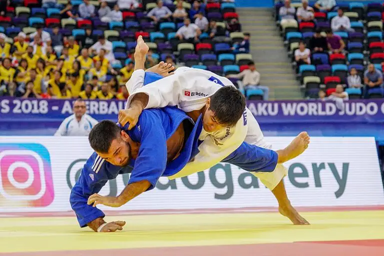 Two Judo competitors falling down tot he ground