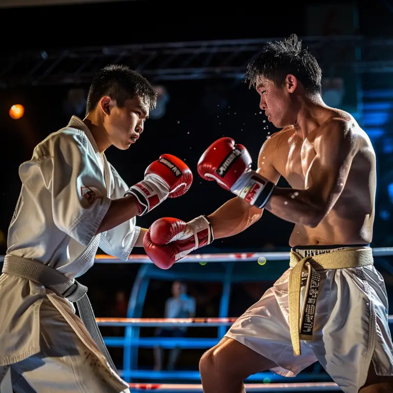 Kyokushin karateka and Muay Thai fighter facing each other inside the ring